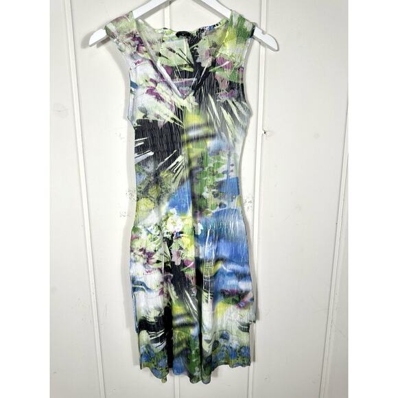 KOMAROV Sleeveless Crinkle Mini Dress S Green Blue Charmeuse Modest Fairy artsy - Picture 1 of 12